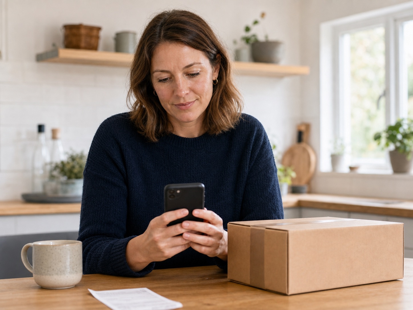 Woman checking a parcel refund route on her phone beside a delivery box